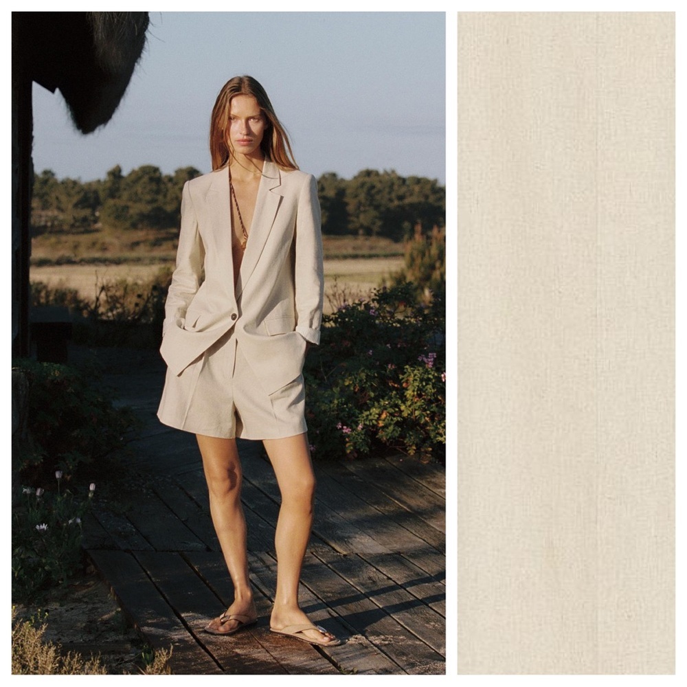NWT. Zara Light Beige Linen Blend Blazer with Printed Turn-up Cuffs. Size L.